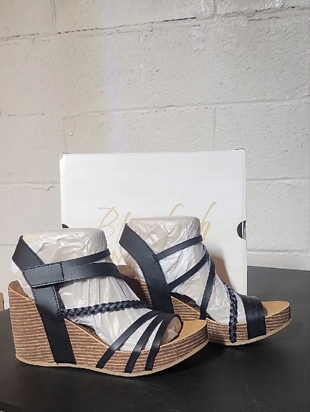 Blowfish Heide Black Multi-Strap Stacked Wedge Sandals